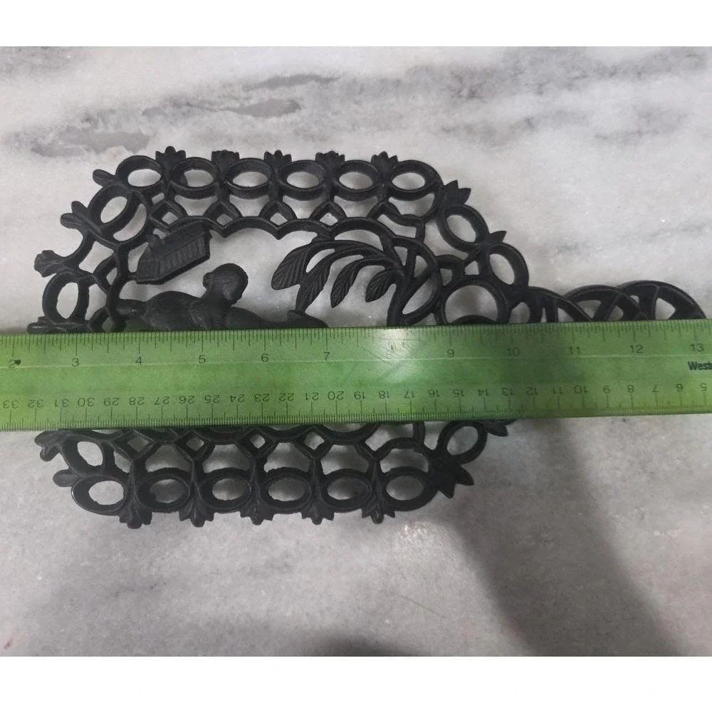 Virginia Metalcrafters Cast Iron Trivet, Vintage Girl Playing Ball W/ Dog Design